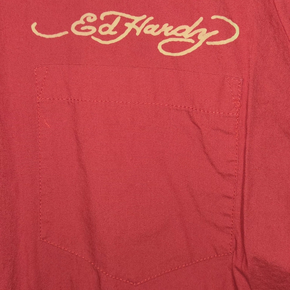 VINTAGE ED HARDY RED BUTTON DOWN SHIRT. MENS (L) DEAD OR ALIVE BLING ☆RARE☆ - Picture 9 of 9